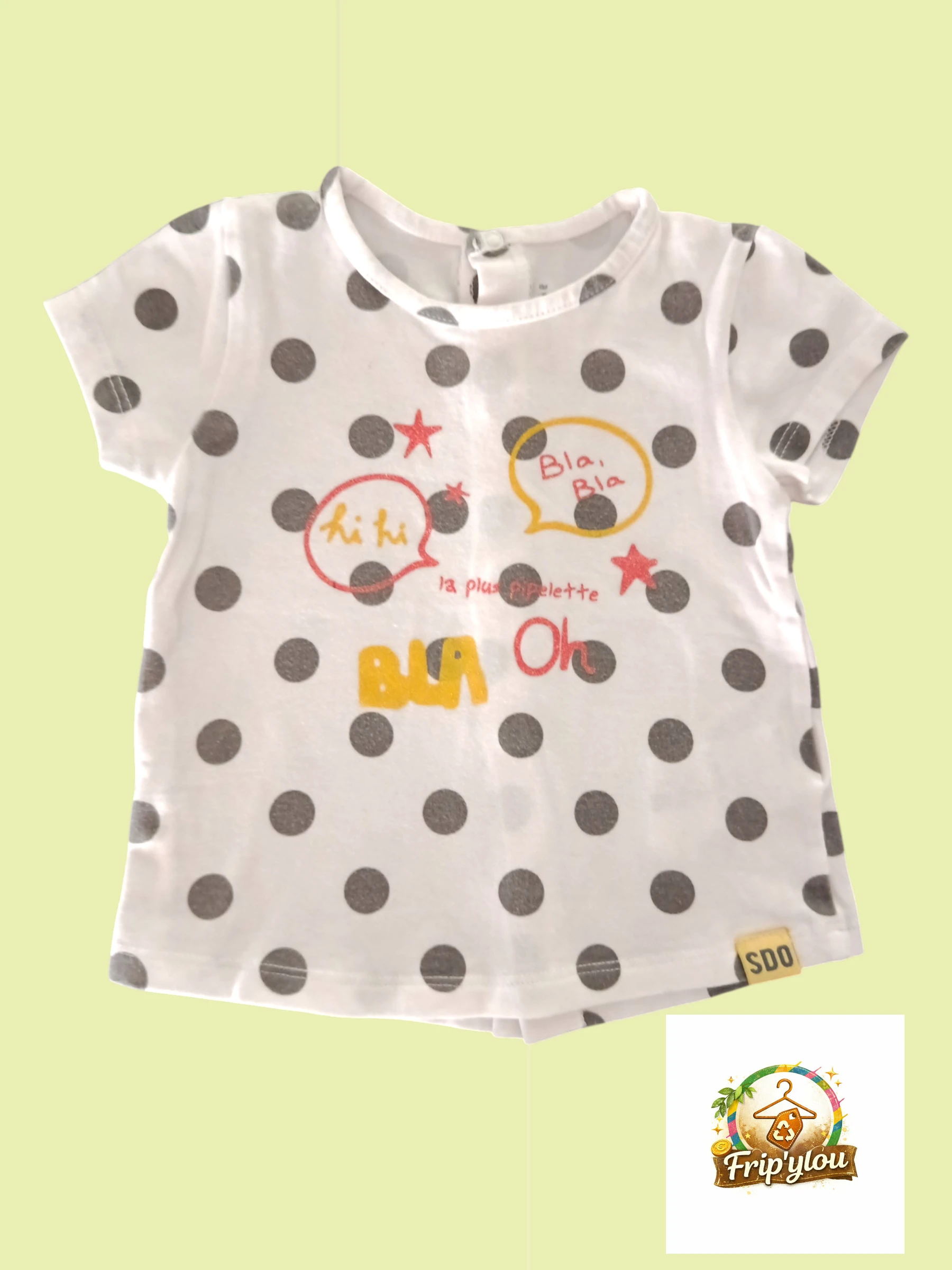 T-shirt bébé fille à pois – 9 mois 74cm – Blanc et gris – A1752